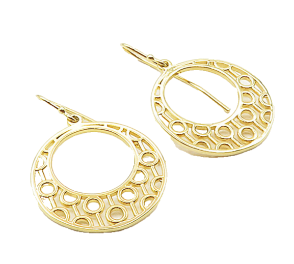 925 Sterling Silver  Shiny Gold Plated Cutout Pattern Dangle Earrings  EG4772