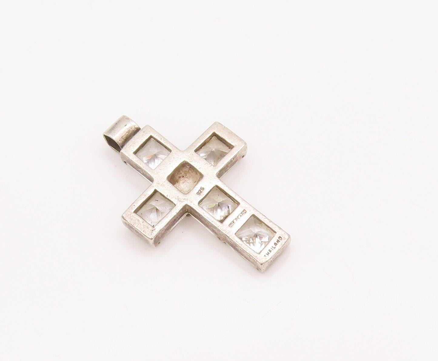 925 Sterling Silver Vintage Pendant Checked Pattern Square Cut CZ Cross  PT23001