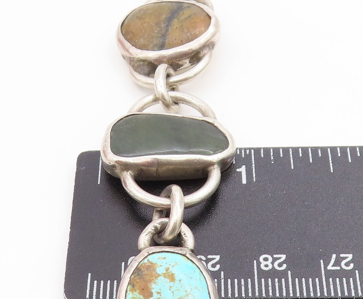 925 Sterling Silver Vintage Bracelet Chunky Multi Gemstone Solid Link  BT11709