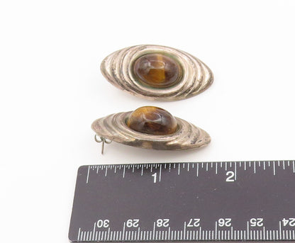 925 Sterling Silver Vintage Earrings MEXICO Oval Cabochon Tiger's Eye  EG14359