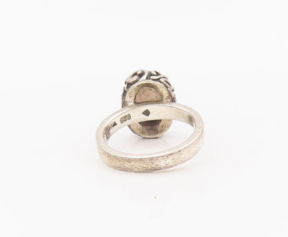 925 Sterling Silver Vintage Ring Swirly Carved Inlay Smoky Quartz  Sz 7  RG28111