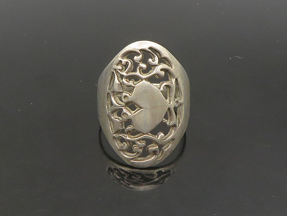 925 Silver  Vintage Intricate Heart & Floral Vine Band Ring Sz 9  RG23816