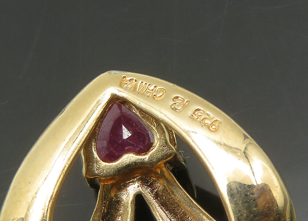 925 Sterling Silver  Vintage Prong Set Ruby Gold Plated Heart Pendant  PT17924