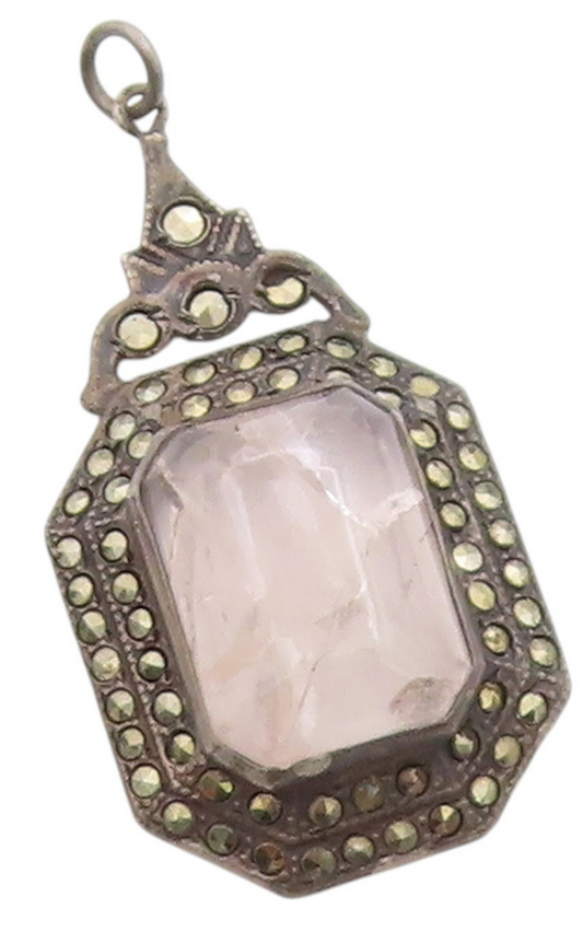 925 Sterling Silver Vintage Pendant Rose Quartz & Halo Marcasite Charm  PT24964