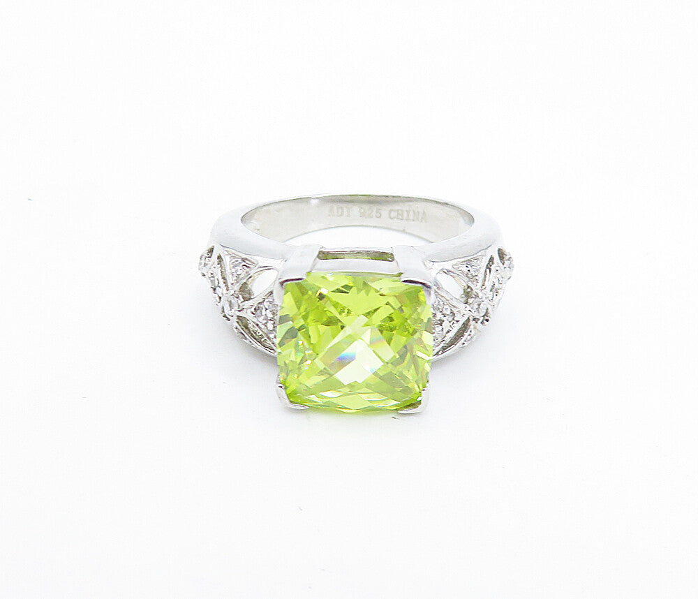 925 Sterling Silver Green Cubic Zirconia Floral Cocktail Ring Sz 7 RG6059