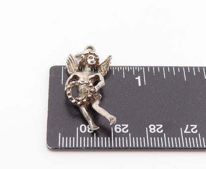 925 Sterling Silver Vintage Pendant Winged Cupid With Love Heart Charm  PT25956