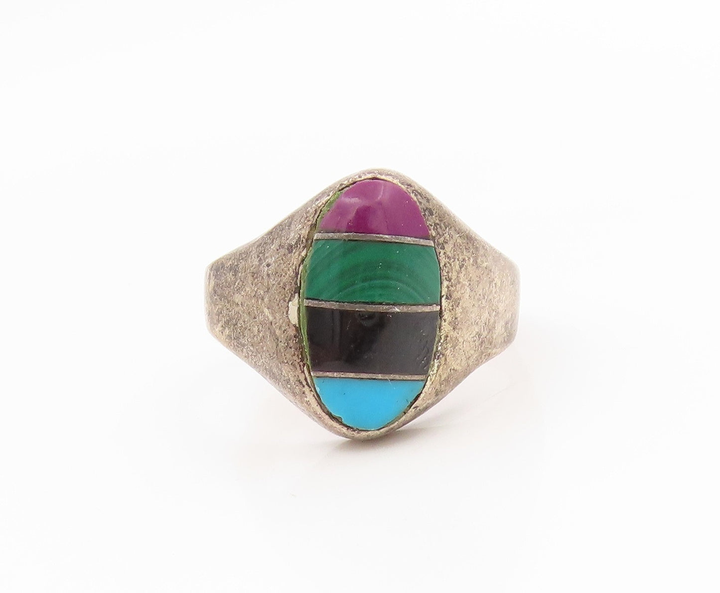 925 Sterling Silver Vintage Ring Multi Gemstone Inlay Band  Sz 9.5  RG34618