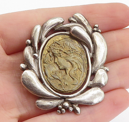 925 Sterling Silver  Vintage Antique Two Tone Woman's Face Brooch Pin  BP2475