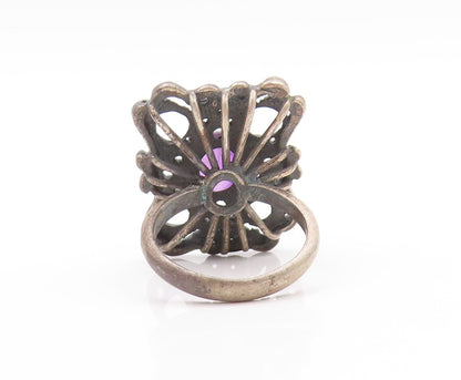 925 Sterling Silver Vintage Ring Antique Design Cabochon Amethyst  Sz 9 RG32994