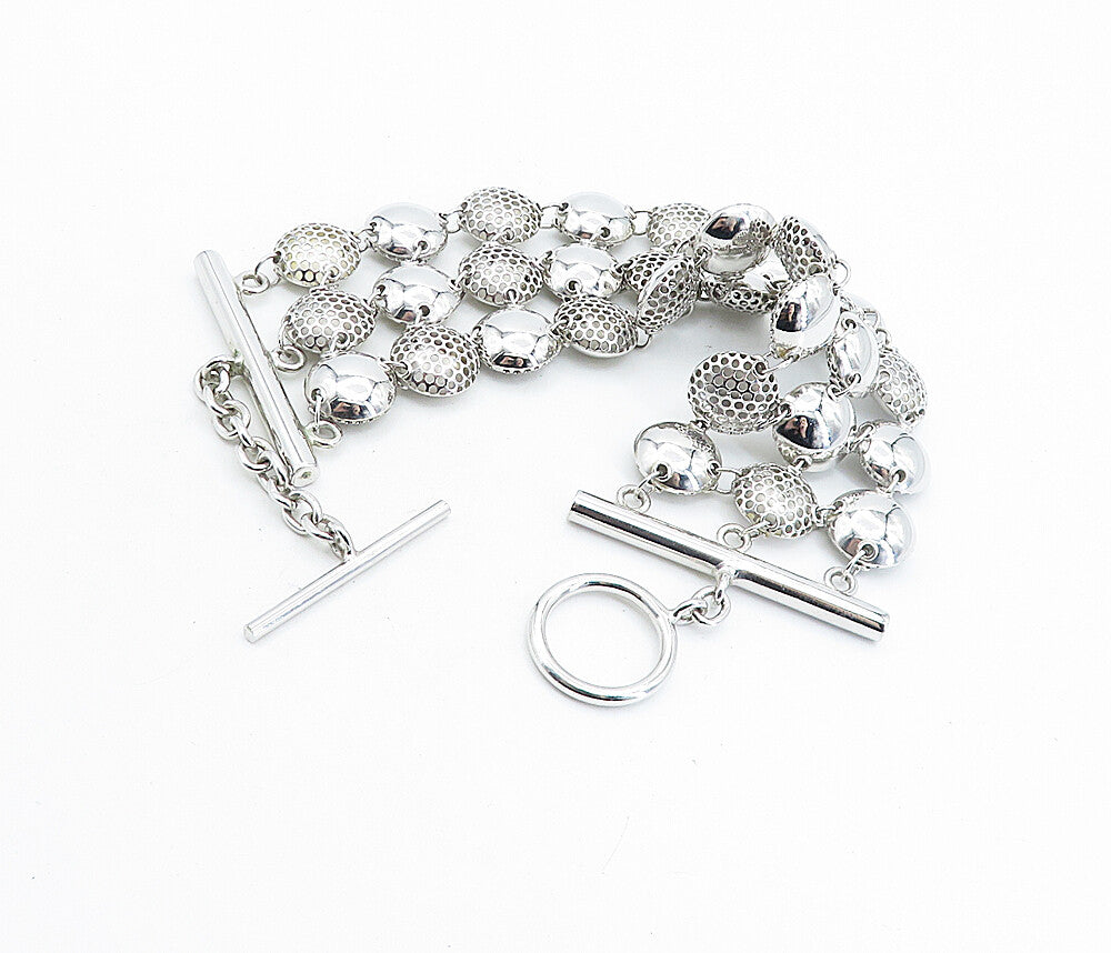 925 Sterling Silver  Hollow Cutout Detail Round Link Chain Bracelet  BT3185