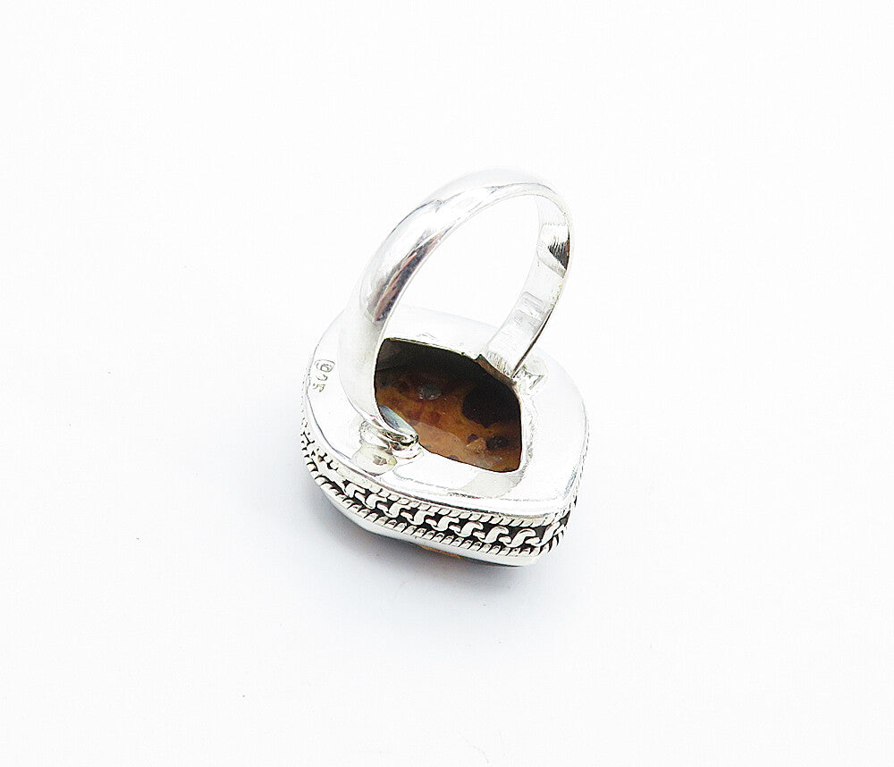 925 Sterling Silver  Brown Spotted Jasper Shiny Cocktail Ring Sz 7.5  RG7781