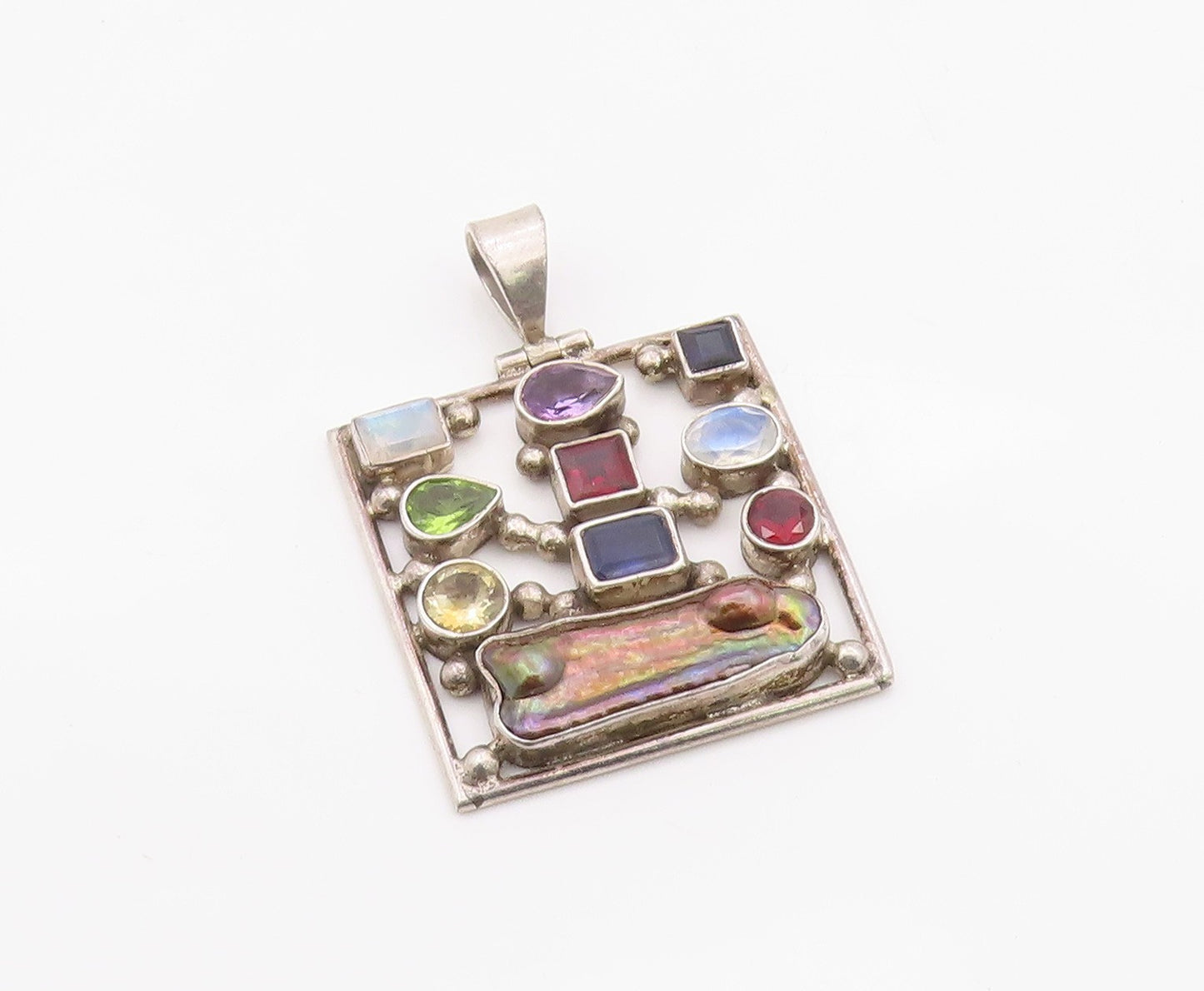 925 Sterling Silver Vintage Pendant Modernist Multi Gemstone Square  PT26358