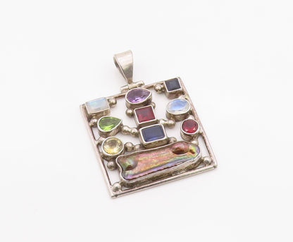 925 Sterling Silver Vintage Pendant Modernist Multi Gemstone Square  PT26358