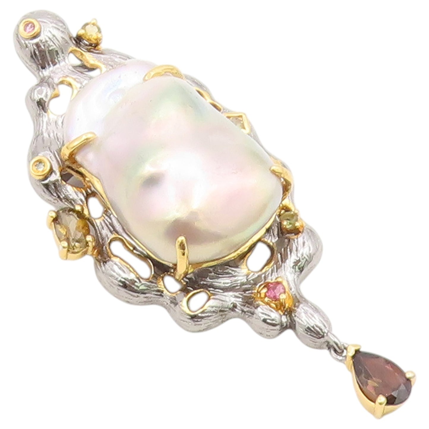 925 Sterling Silver Vintage Brooch Pin Two Tone Pearl & Gemstone Design  BP12642