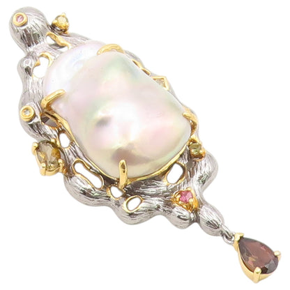 925 Sterling Silver Vintage Brooch Pin Two Tone Pearl & Gemstone Design  BP12642