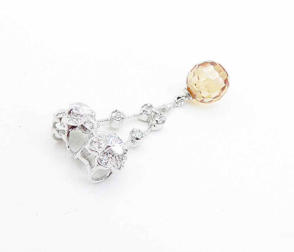 925 Sterling Silver  Cubic Zirconia Faceted Bead Floral Slide Pendant  PT4639
