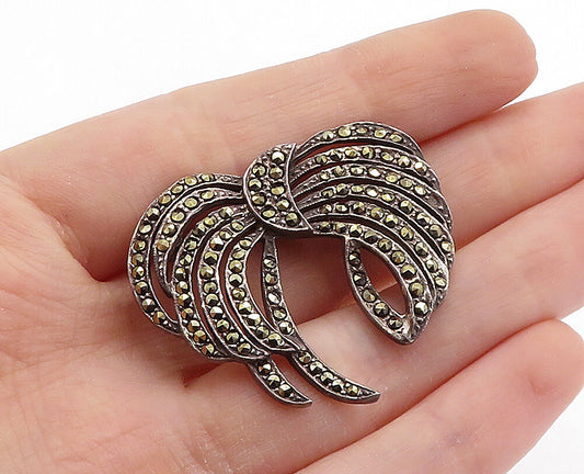 925 Sterling Silver  Vintage Marcasite Decorated Ribbon Bow Brooch Pin  BP2583