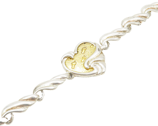 GORHAM 925 Silver  Vintage 2 Tone Heart Footprint Quote Chain Bracelet  BT6941