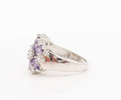 925 Sterling Silver Vintage Ring Oval Cut Amethyst & CZ Flower  Sz 6.5  RG28460