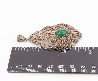 925 Sterling Silver Vintage Pendant Green Onyx Intricate Filigree Locket PT26253
