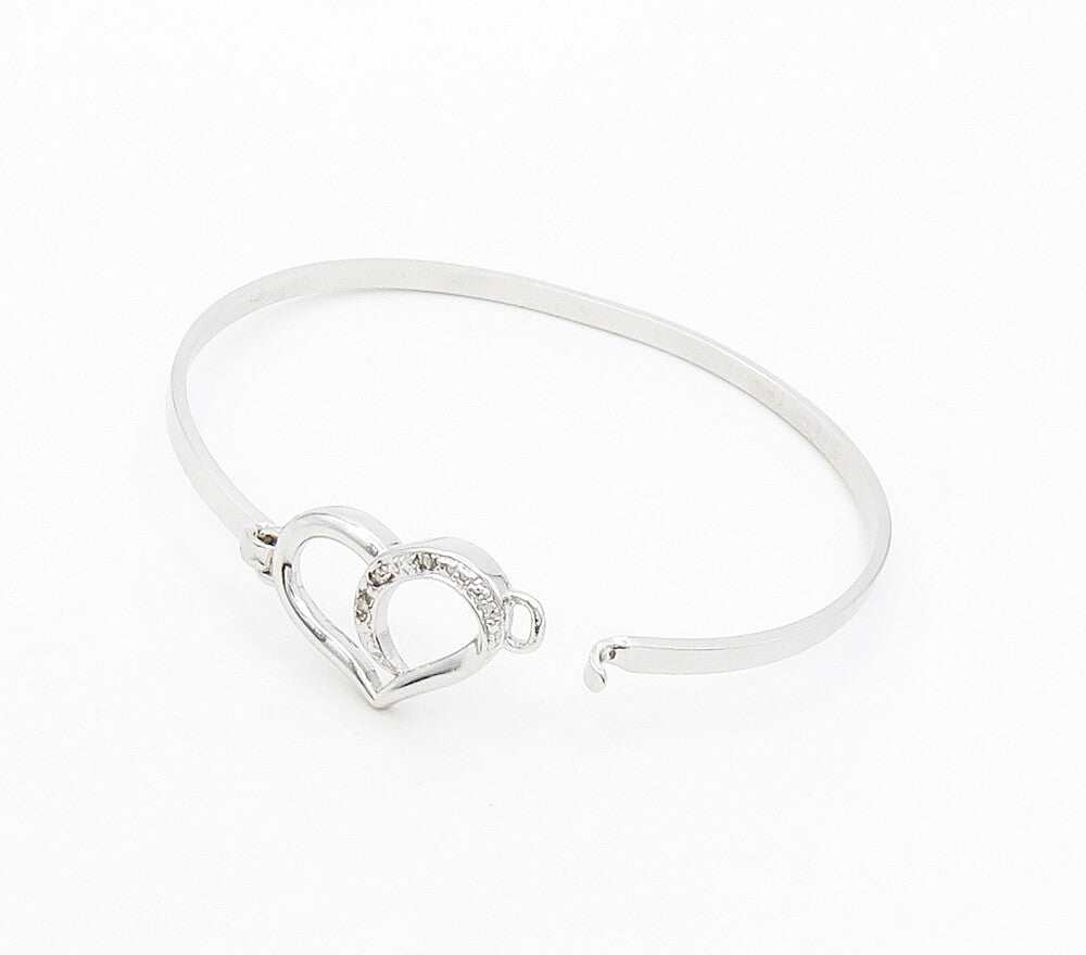 925 Sterling Silver  Genuine Diamonds Love Heart Hook Bangle Bracelet  BT6422