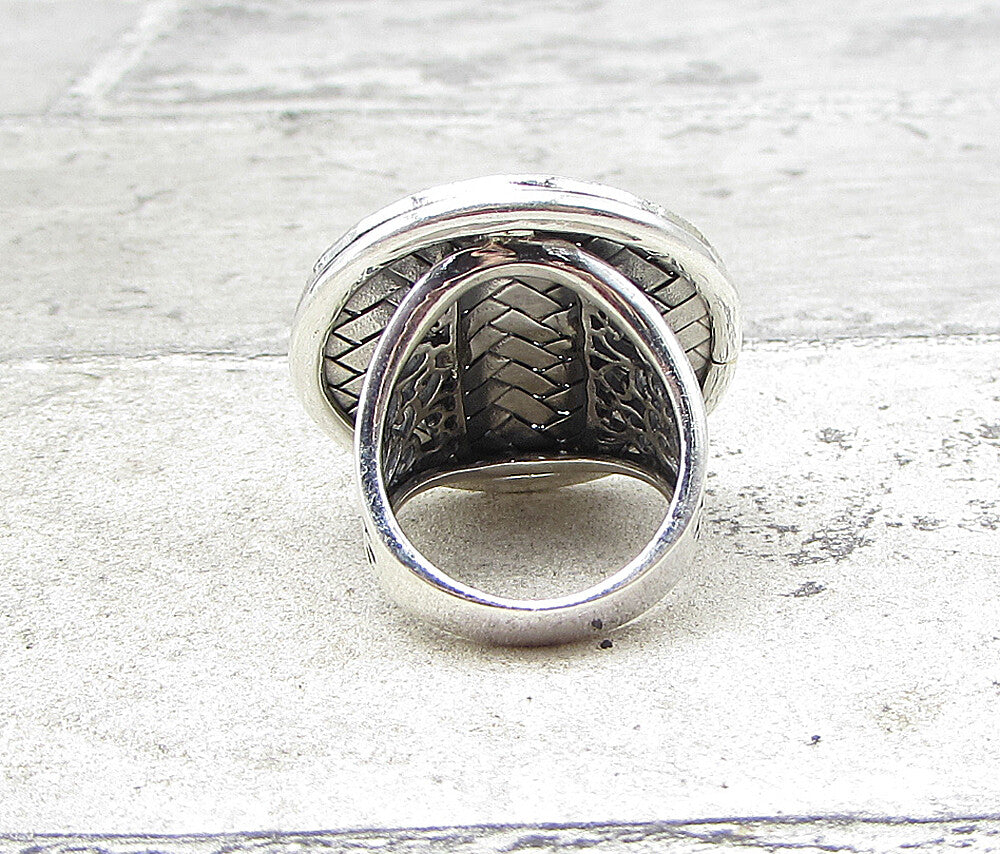 925 Sterling Silver  Marcasite Framed Woven Round Shield Ring Sz 5.5  RG1691