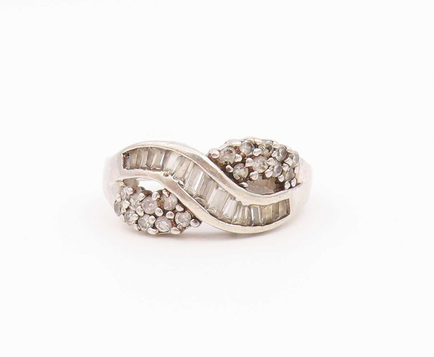 925 Sterling Silver Vintage Ring Baguette & Round Cut CZ Wave  Sz 8  RG36553