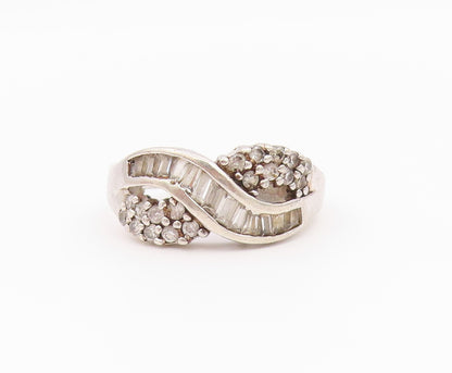 925 Sterling Silver Vintage Ring Baguette & Round Cut CZ Wave  Sz 8  RG36553