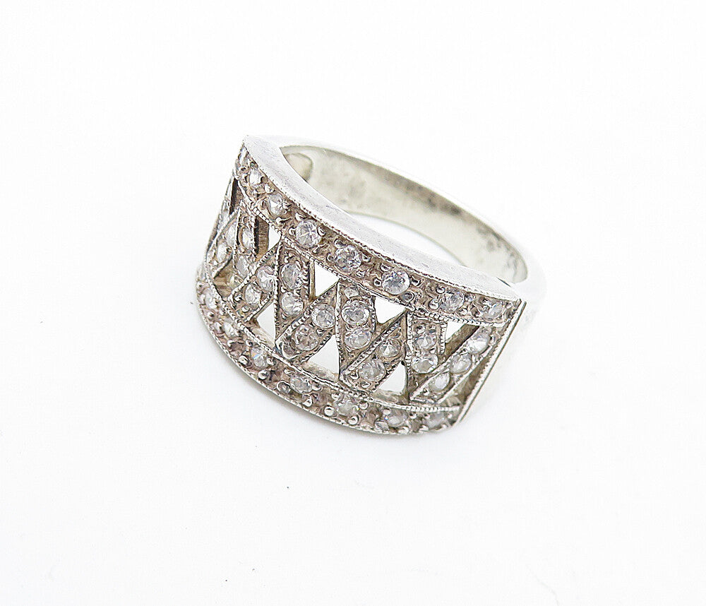925 Sterling Silver  Vintage Sparkling Topaz Open Design Band Ring Sz 7 RG6294