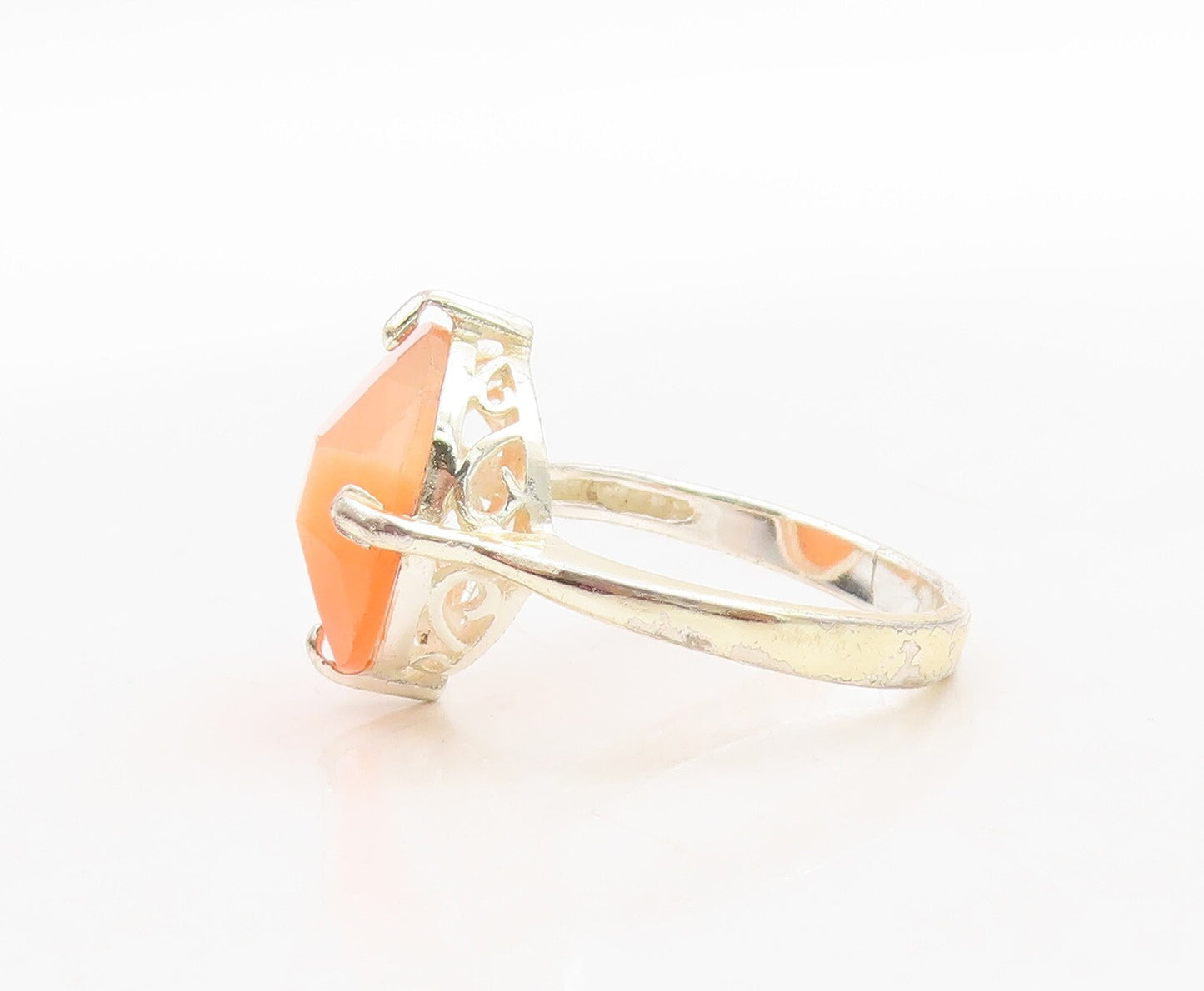 925 Sterling Silver Vintage Ring Round Cut Orange Cat's Eye  Sz 8  RG31325