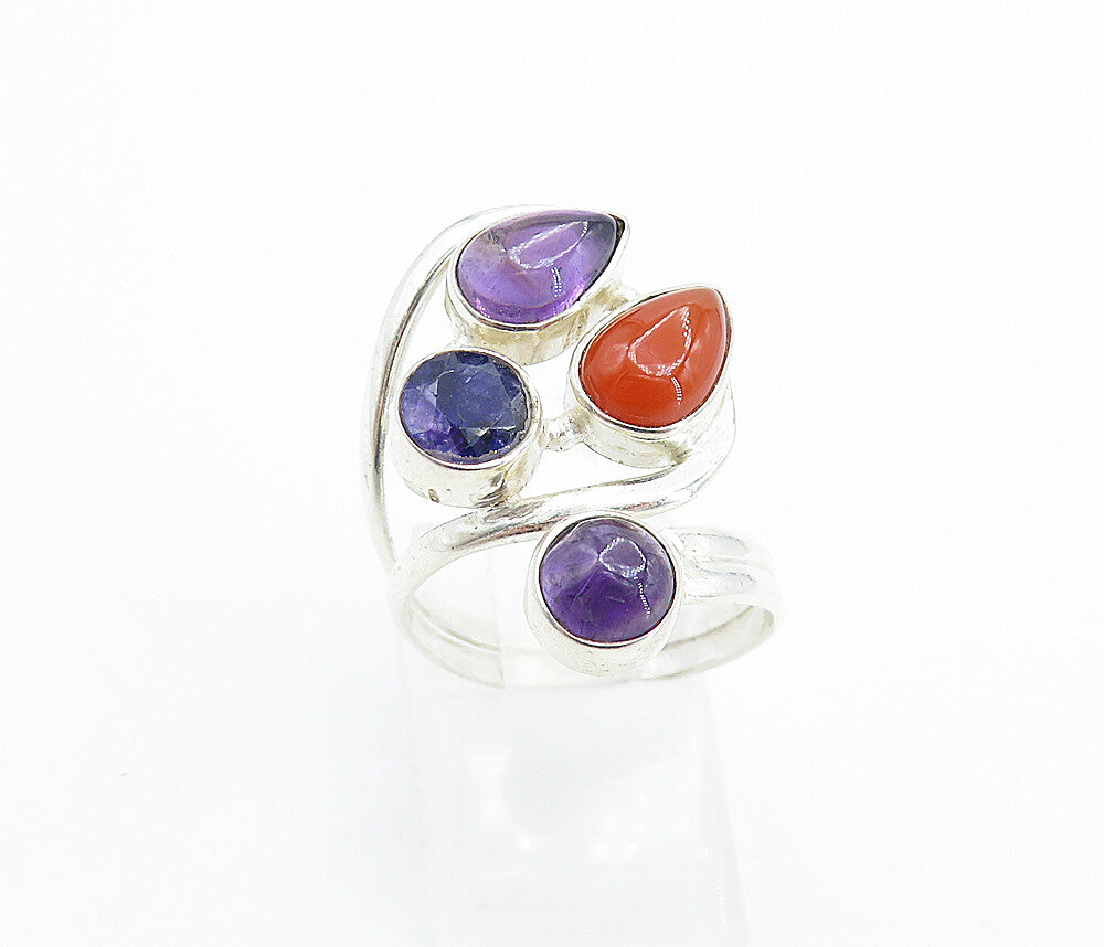 925 Sterling Silver  Coral & Amethyst Cluster Split Cocktail Ring Sz 7  RG7790