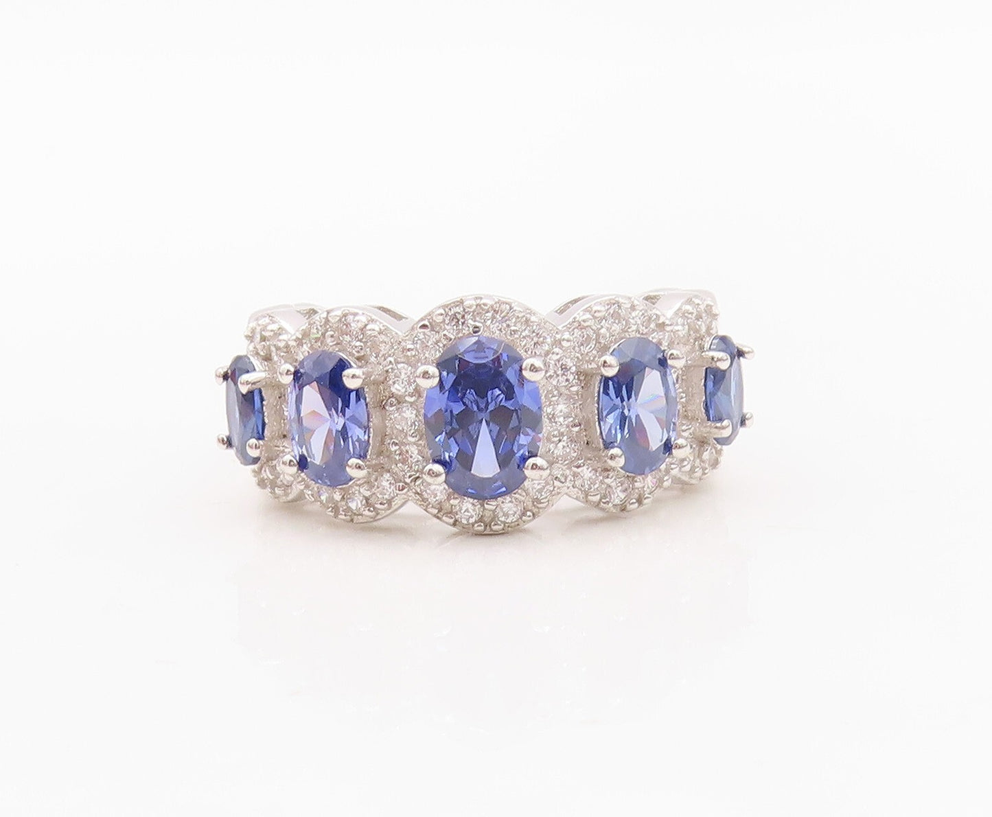 925 Sterling Silver Vintage Ring Oval Cut Sapphire Halo CZ Band  Sz 7  RG30140