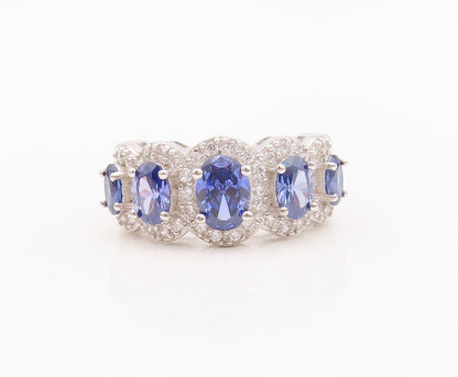 925 Sterling Silver Vintage Ring Oval Cut Sapphire Halo CZ Band  Sz 7  RG30140