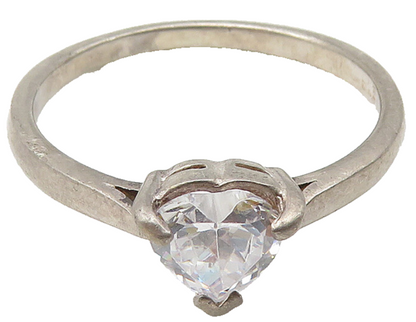 925 Sterling Silver  Vintage Cubic Zirconia Heart Solitaire Ring Sz 8  RG10437