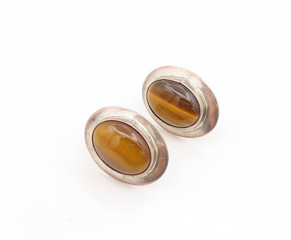 925 Sterling Silver Vintage Earrings NAVAJO Oval Tiger's Eye Studs  EG14197