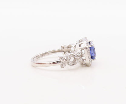 925 Sterling Silver Vintage Ring Designer CZ & Rectangle Sapphire  Sz 7  RG30689