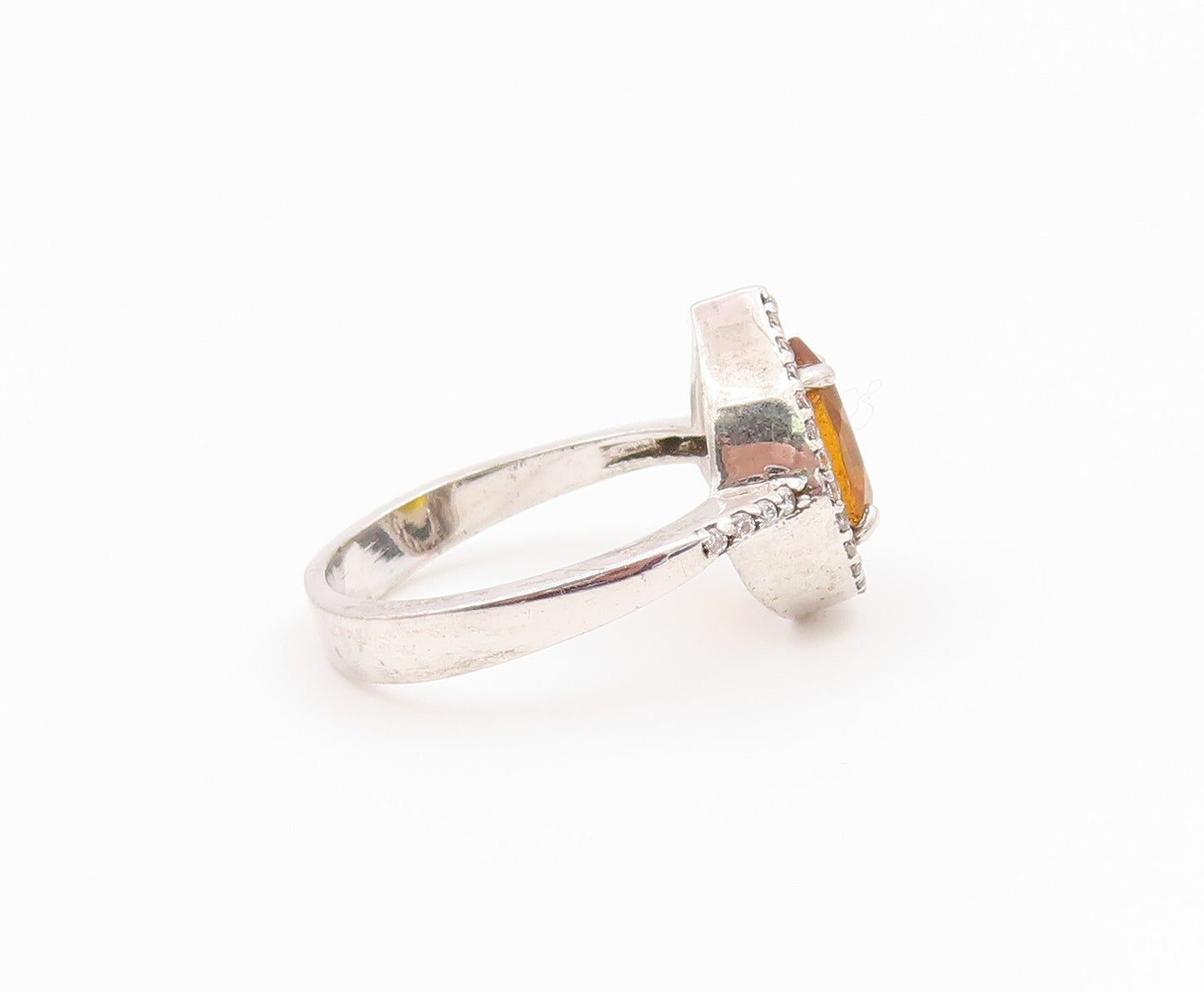 925 Sterling Silver Vintage Ring Pear Cut Citrine Halo CZ Band  Sz 7  RG36549