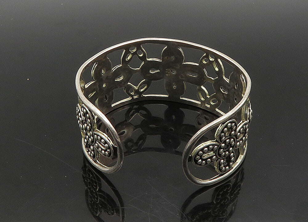 925 Sterling Silver  Vintage Shiny Retro Flower Motif Cuff Bracelet  BT8029