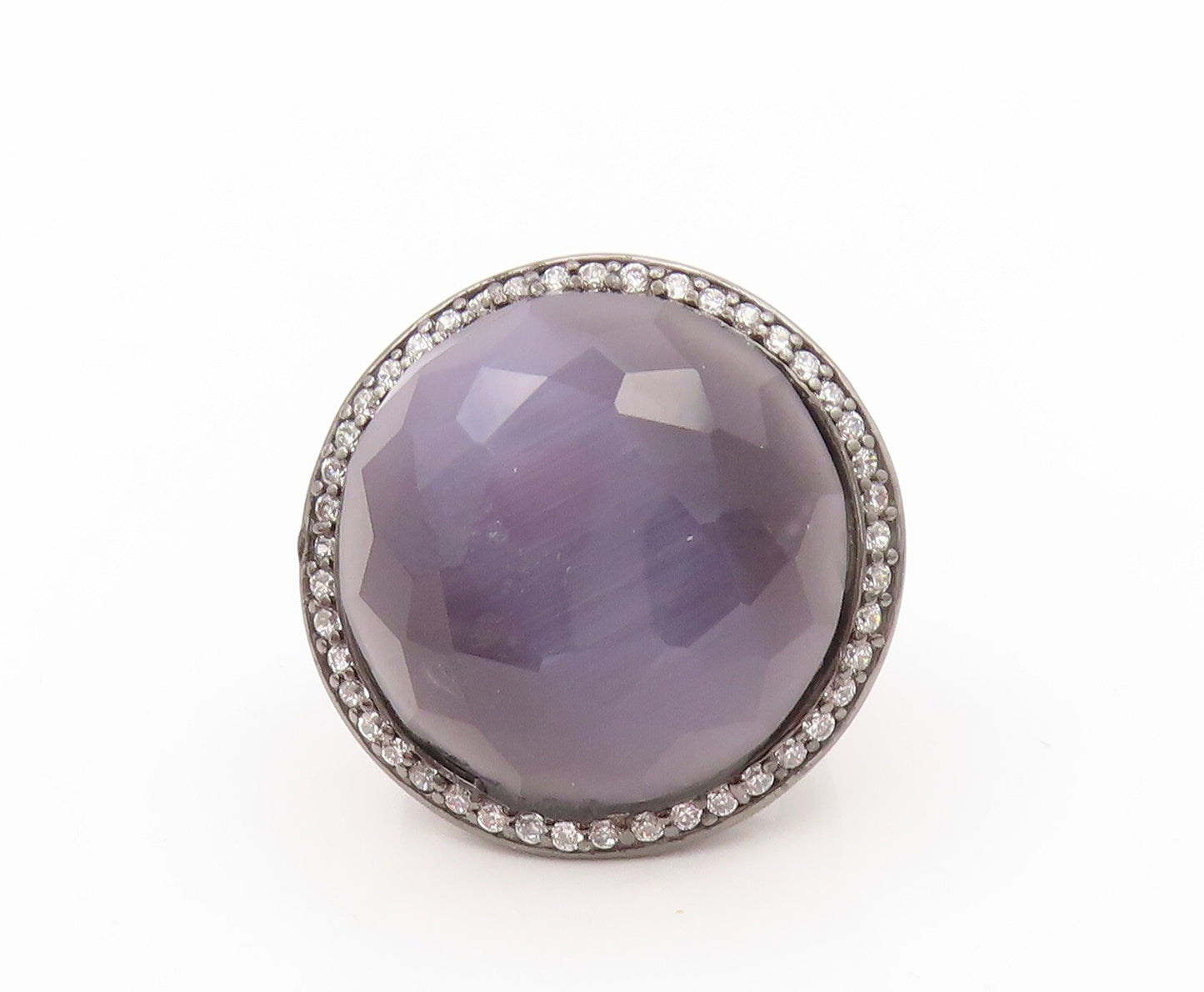 925 Sterling Silver Vintage Ring Large Purple Cat's Eye Halo CZ  SZ 6.5  RG31997