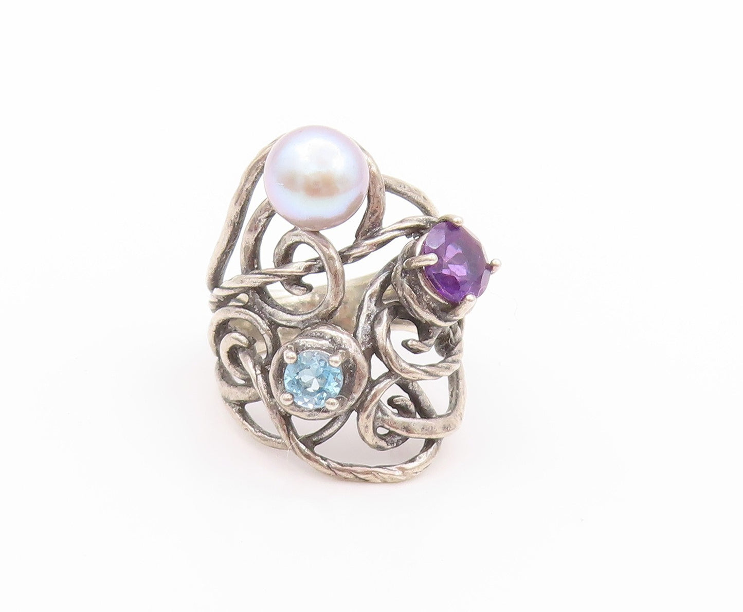 925 Sterling Silver Vintage Ring OR PAZ ISRAEL Pearl Amethyst Sz 5.5  RG32413