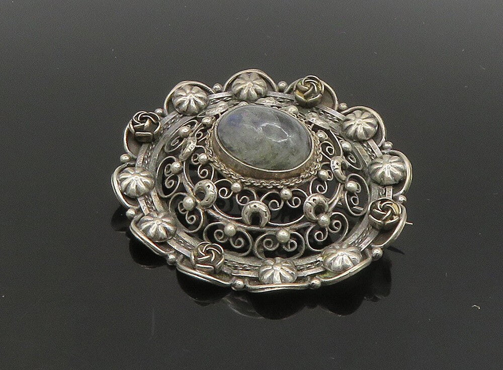 925 Silver   Vintage Cabochon Cut Labradorite Floral Dome Brooch Pin  BP9172