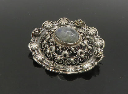 925 Silver   Vintage Cabochon Cut Labradorite Floral Dome Brooch Pin  BP9172