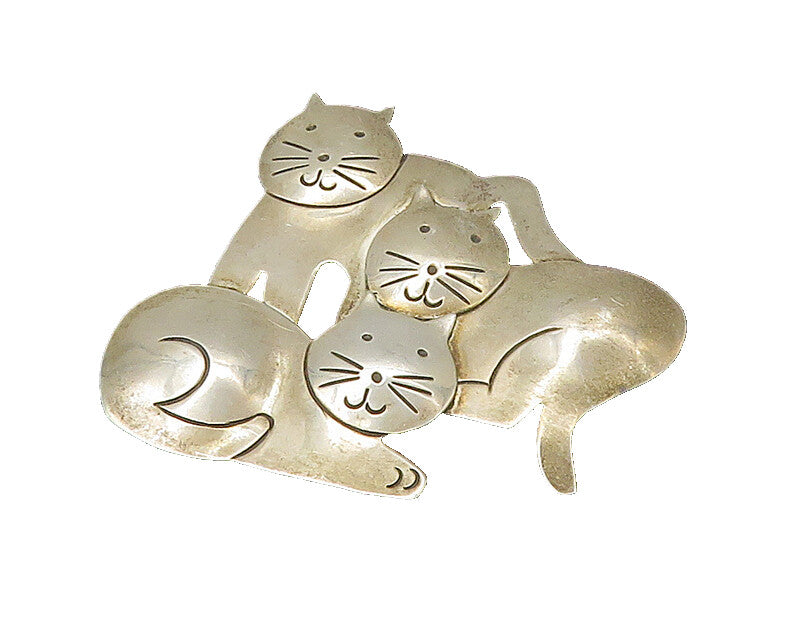 MEXICO 925 Sterling Silver  Vintage Shiny Cat Family Love Brooch Pin  BP8811