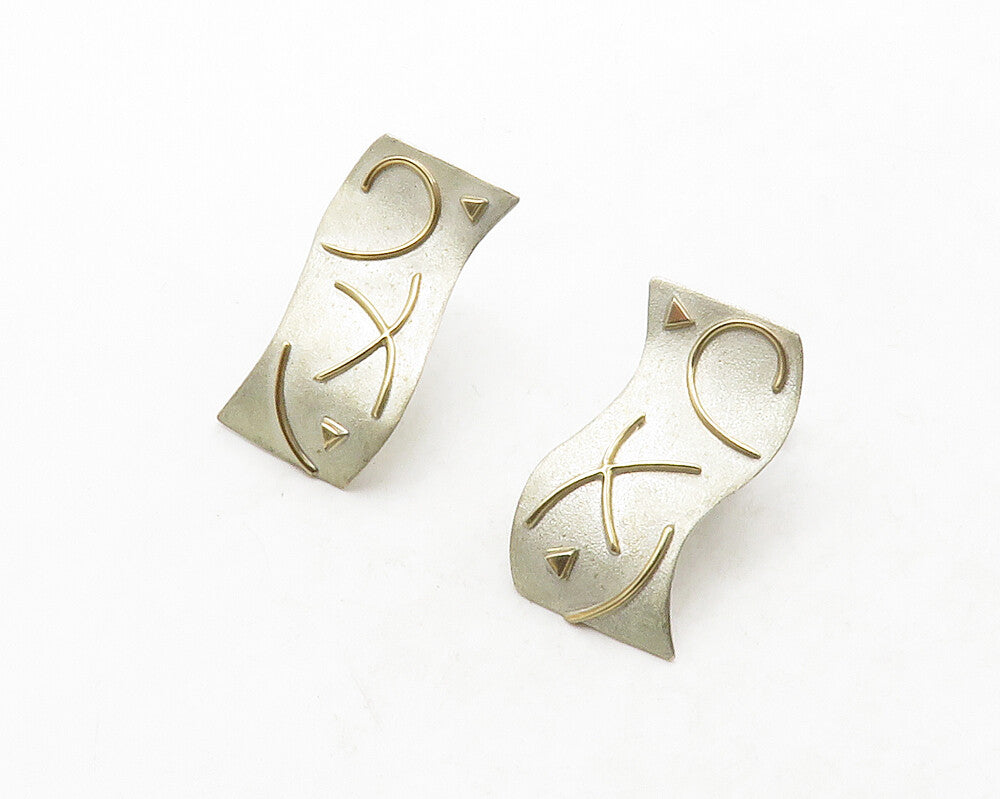 PETERS DESIGNS 925 Silver & 14K GOLD  Vintage Modernist Drop Earrings  EG6818