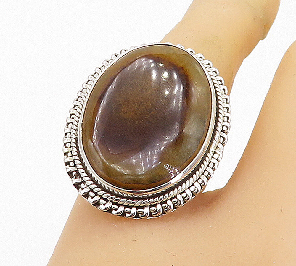 925 Sterling Silver  Cabochon Cut Brown Agate Oval Cocktail Ring Sz 9  RG8186