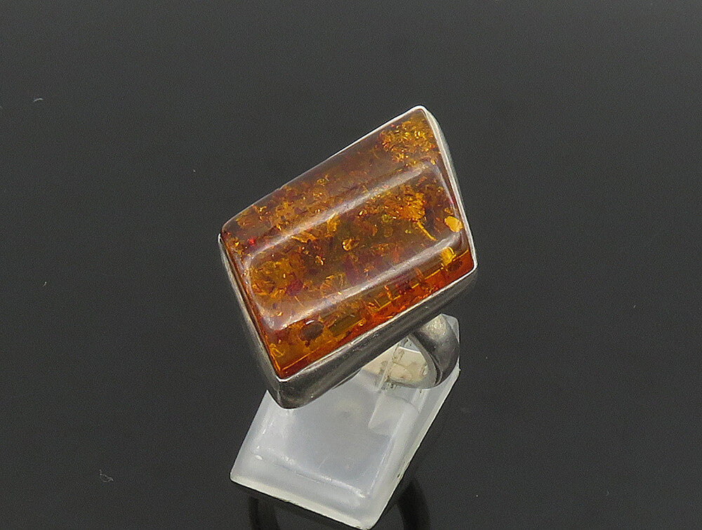 925 Sterling Silver  Vintage Slanted Baltic Amber Cocktail Ring Sz 7.5 RG24338