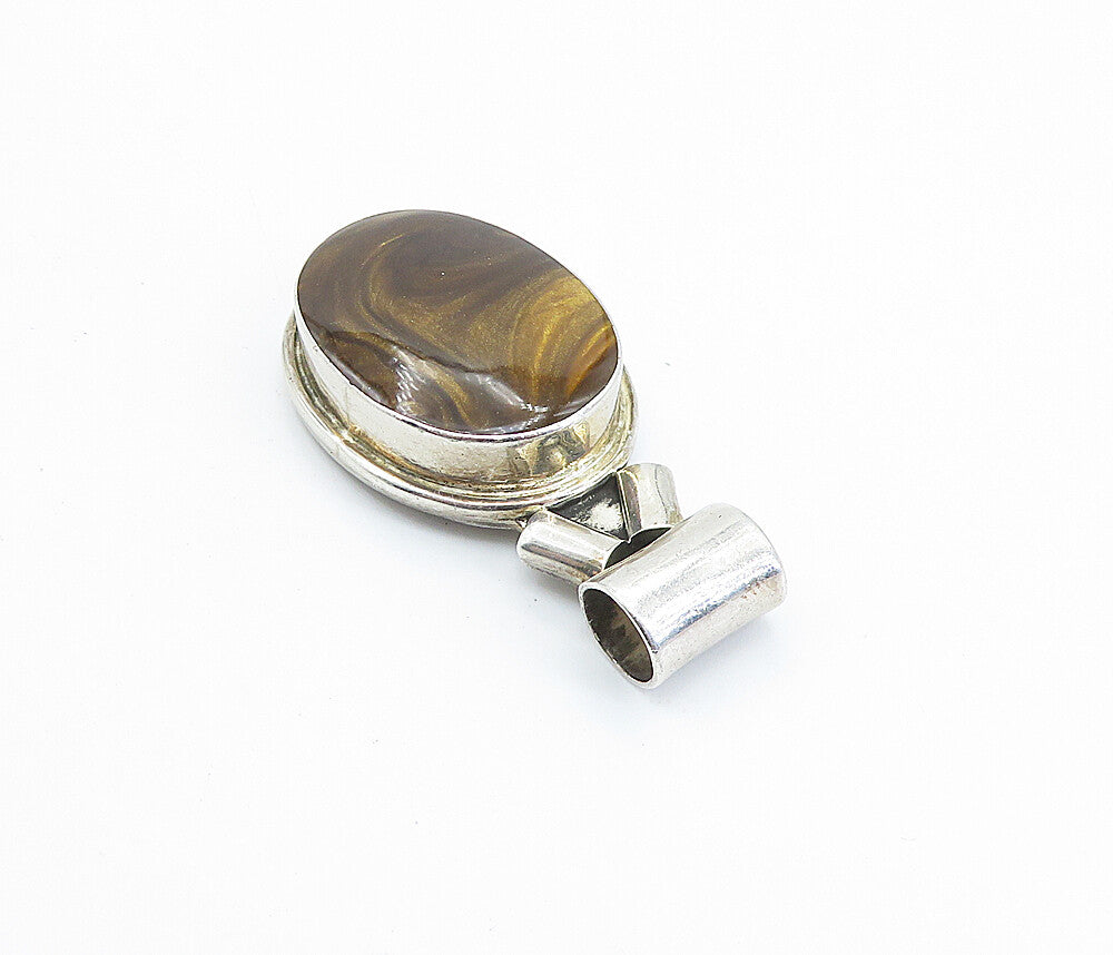 MEXICO 925 Sterling Silver  Vintage Tiger's Eye Oval Slide Pendant  PT4888