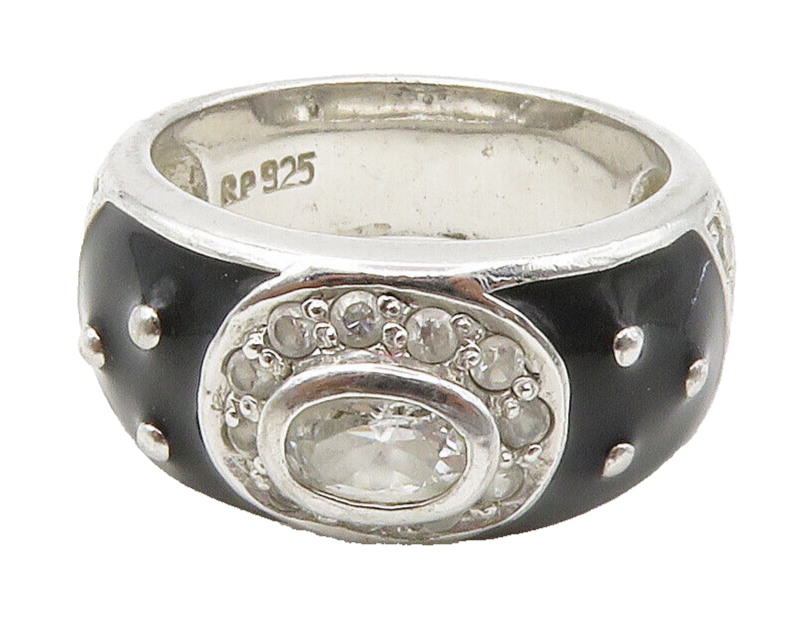 925 Sterling Silver  Topaz & Black Enamel Shiny Band Ring Sz 8  RG15215