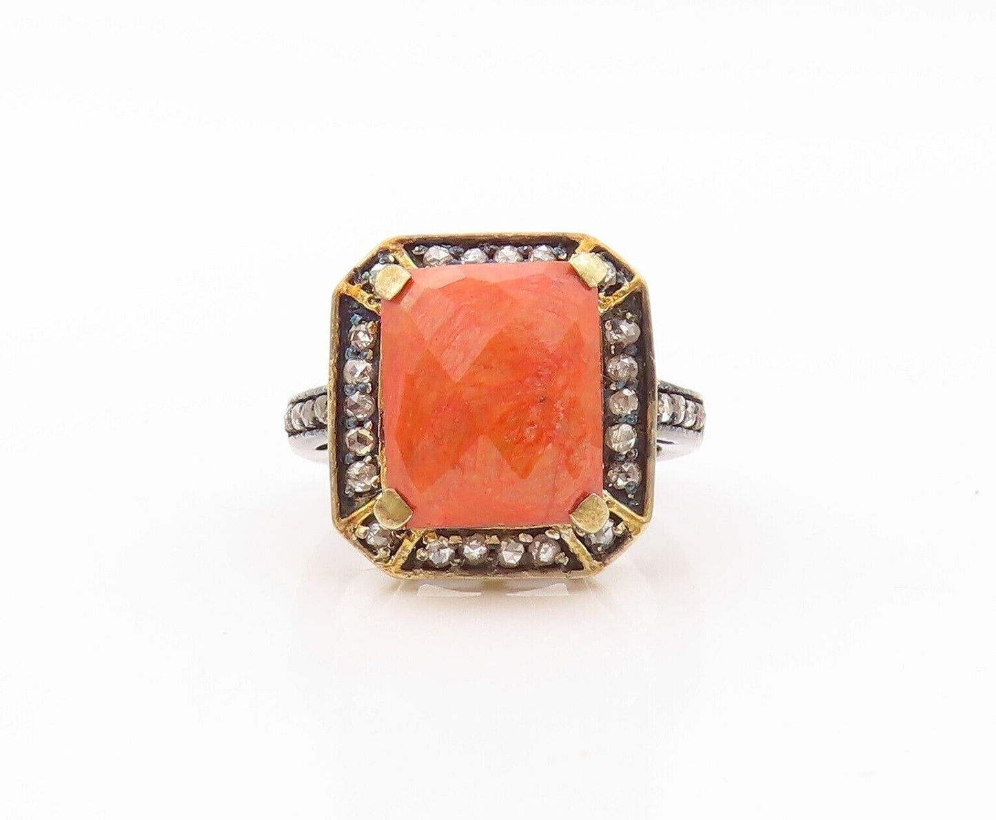 925 Sterling Silver Vintage Ring Square Orange Gemstone & Diamonds Sz 7  RG30180