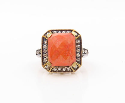 925 Sterling Silver Vintage Ring Square Orange Gemstone & Diamonds Sz 7  RG30180